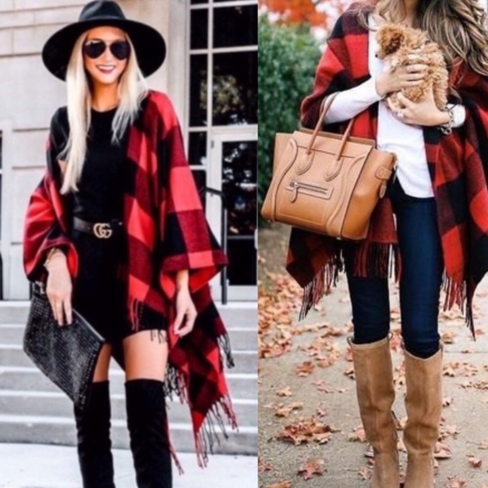 Buffalo Plaid Poncho w/Fringe Red & Black O/S - Picture 5 of 6